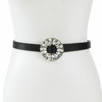 Thin PU Leather with Flower Rhinestone Buckle Belt