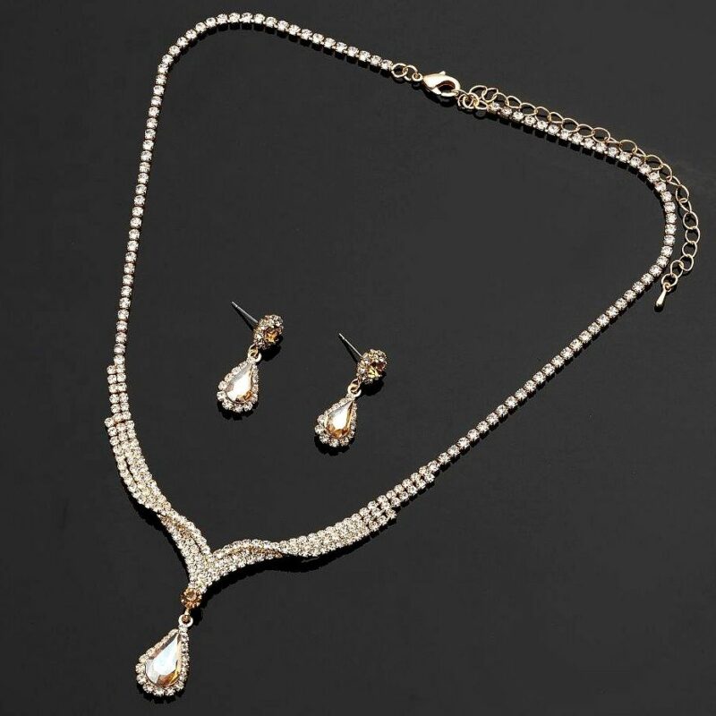 Waved V Shape Pear Dangle Rhinestone Set