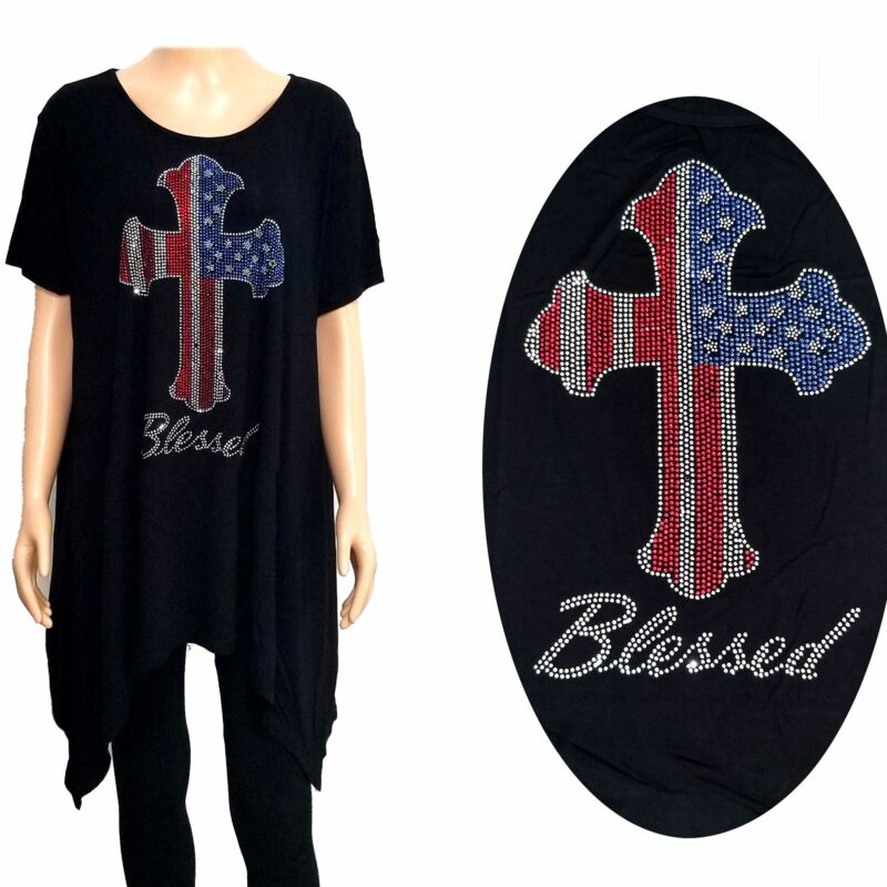 Blessed Flag Cross Bling Loose Fit Sleeve T Shirt