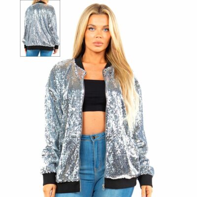 Silver Bling Glitter Long Bomber Jacket