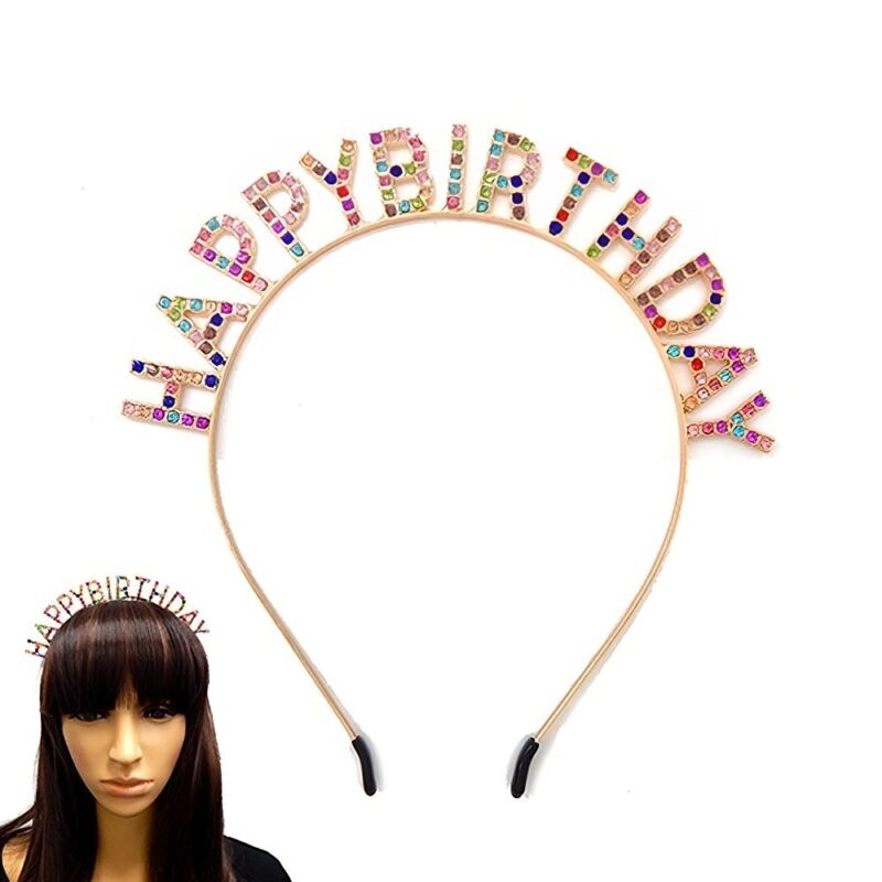 Happy Birthday Rhinestone bling Headband – Gold-Multi
