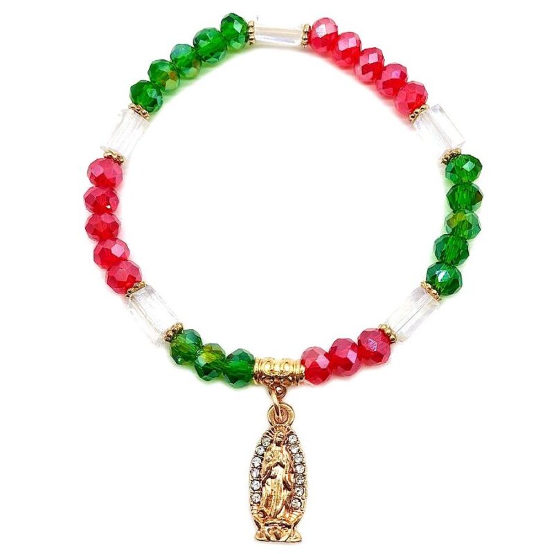 12pk Virgin Mary Guadalupe Medal Mexico Color Beads Stretch Beads Bracelet