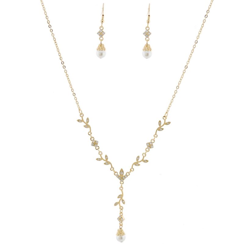 Faux Pearl Flower Leap Crystal Bridal Necklace Set