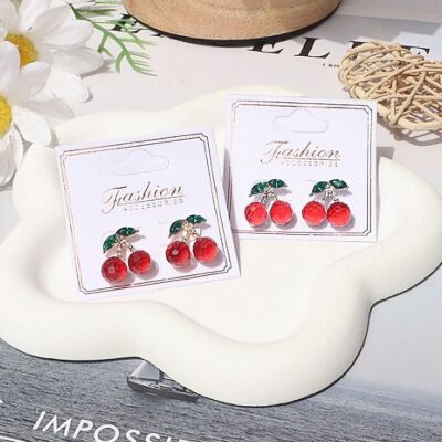 12pk Cherry Rhinestone Stud Earrings