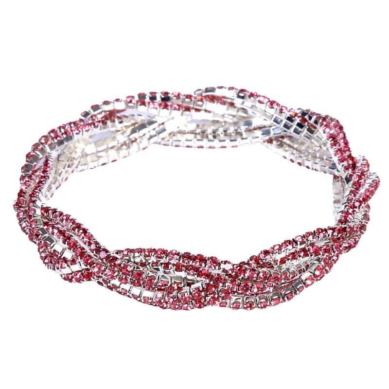 3 Double Lines Twist Rhinestone Stretch Bracelet – Silver-Pink
