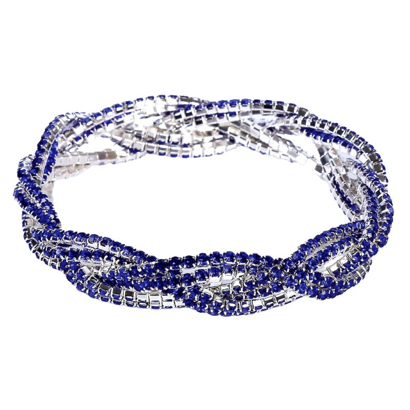 3 Double Lines Twist Rhinestone Stretch Bracelet – Silver-Blue