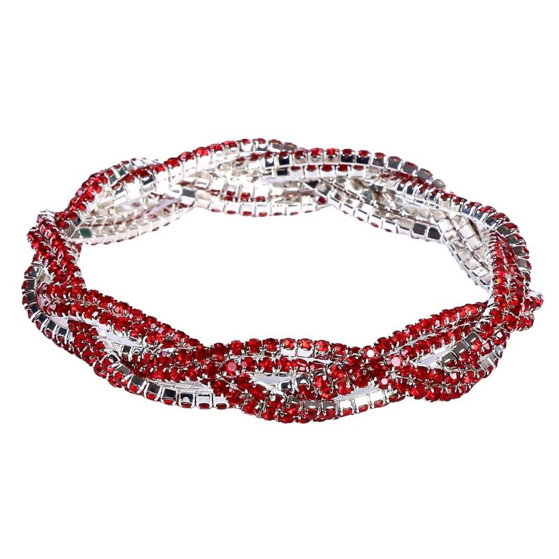 3 Double Lines Twist Rhinestone Stretch Bracelet – Silver-Red