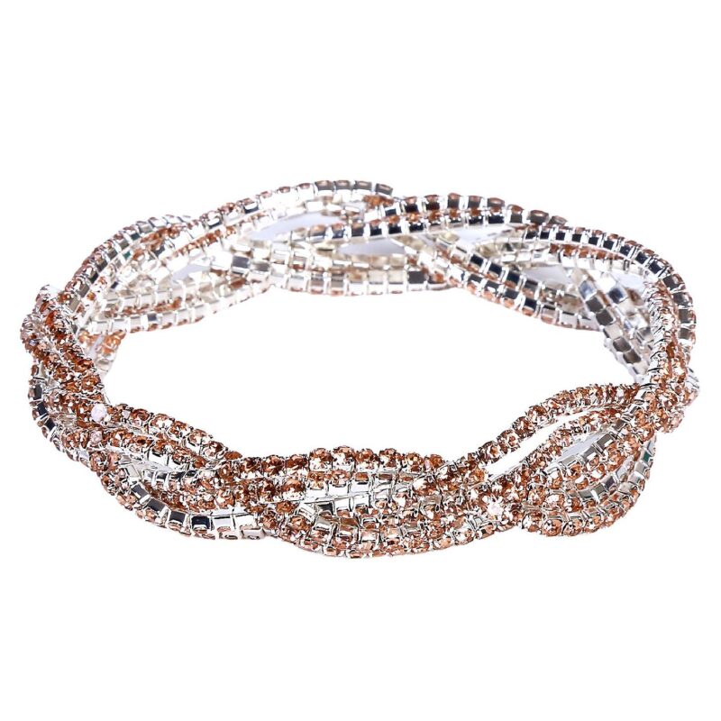 3 Double Lines Twist Rhinestone Stretch Bracelet – Silver-Peach