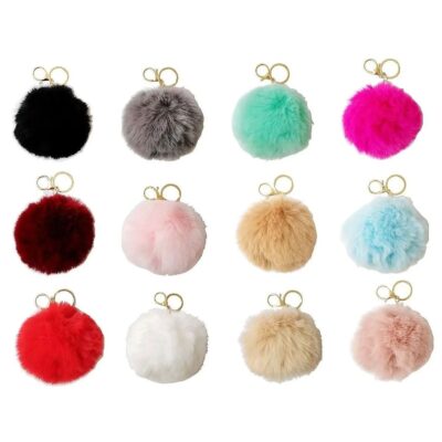 12 Pack Solid Color Soft Pompom Keychain