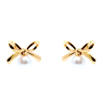Bow Ribbon w Faux Pearl Stud Earrings