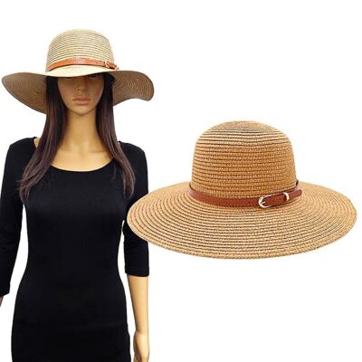 Faux Leather Belt Woven Straw Fedora Hat
