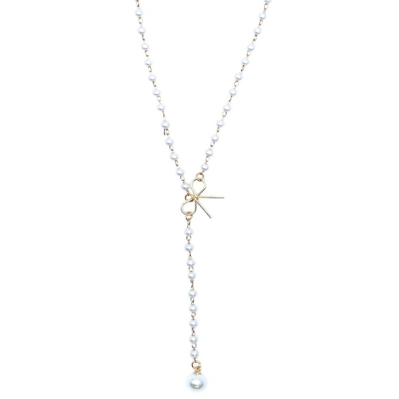 Private: Chic Pearls Chain Bow Dangle Y Necklace – Gold-Clear