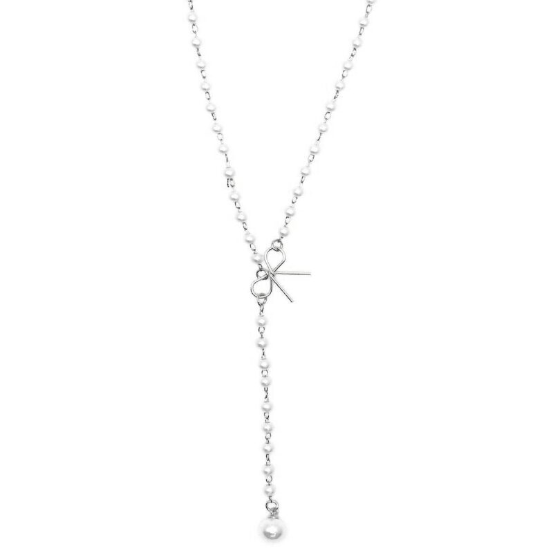 Chic Pearls Chain Bow Dangle Y Necklace – Silver-Clear