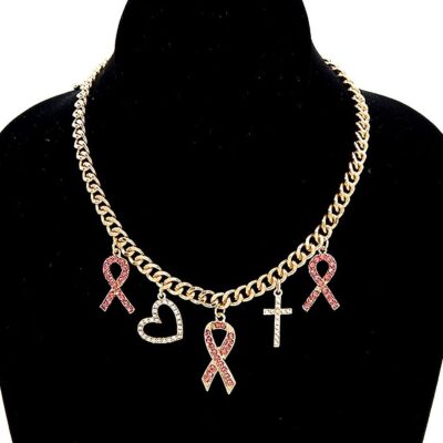 Pink Ribbon Heart Cross Charm Chain Necklace