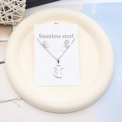 12pk Cat Stainless Steel Pendant Earrings Set