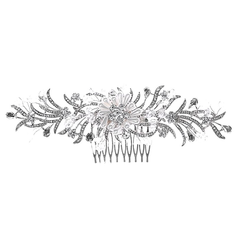 Crystal Handmade Rhinestone with Pearls Hair Ornament Comb – Silver-Clear