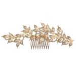 HF23-40818CLGD Crystal Faux Pearls Deco Leaf Hair Deco Comb – Gold-Clear
