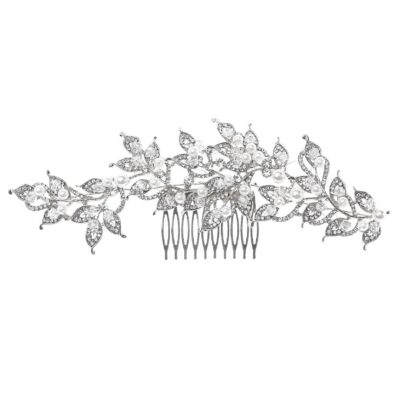 Crystal Faux Pearls Deco Leaf Hair Deco Comb – Silver-Clear