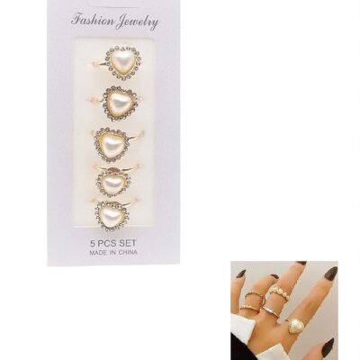 12pk Heart Pearl 5 set open Size Fashion Ring