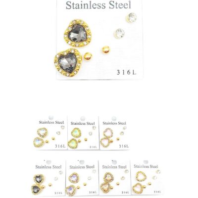 12pk Heart Theme Crystal Stud Earrings Set