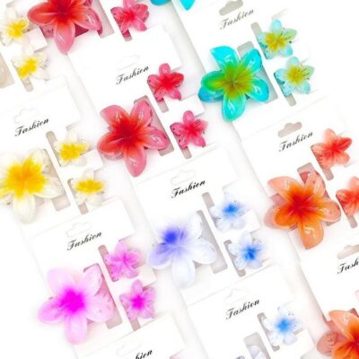 12pk Three Size Plumeria Flower Hair Claw Clip Set