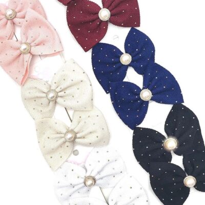 12pk Pearl Rhinestone Deco Ribbon Hair Bow Clip