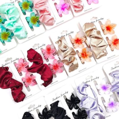 12pk Plumeria Silky Cloth Scrunchies Claw Clip Set