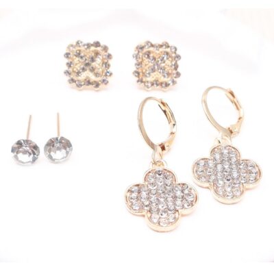 12pk Bling Rhinestone Clover Theme earrings Set