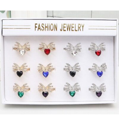 12pk Rhinestone Bow Dangle Heart Fashion RIngs