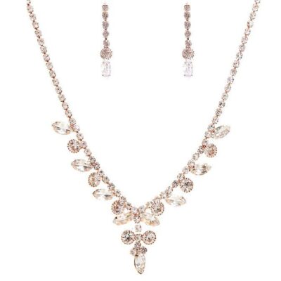 Y Shape Marquise Circle Rhinestone Necklace Set – Rose Gold-Clear