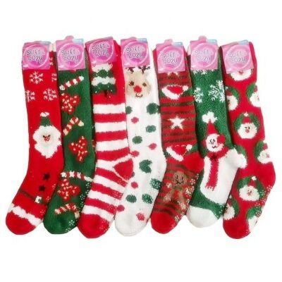 12pk Christmas Santa Theme Indoor Plush Warm Socks