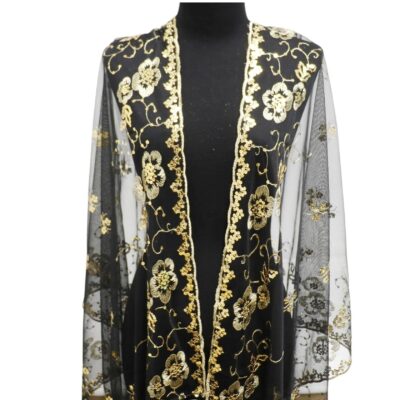 Sequin Chiffon Embellished Fringe Sheer Shawl Scarf
