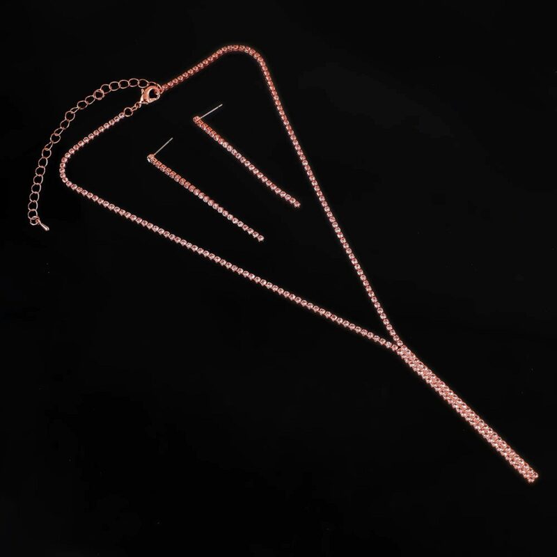 Y Shape Crystal Modern Lines Necklace Set – Rose Gold-Clear