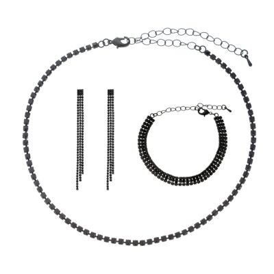 Bold Necklace w Triple LInes Rhinestone 3 Jewelry Set