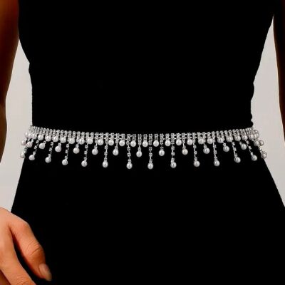 Dangle Rhinestone Pearls Bridal sash belt