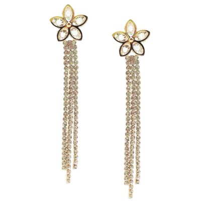 12pk Gold Crystal Flower Rhinestone Tassel Earrings