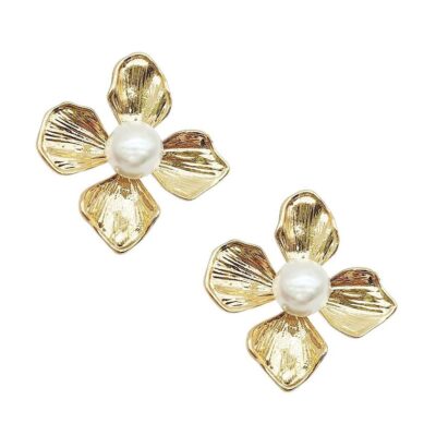 12pk Bold Pearl Casting Flower Stud Earrings Gold