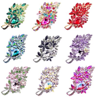 Sparkling Crystal Daisy Flower Leaf Brooch Pin
