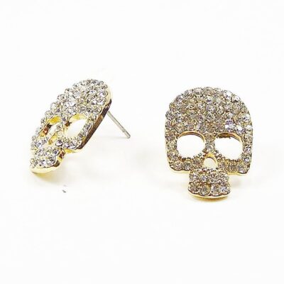 Gold Clear Rhinestone Skull Shape Stud Earrings