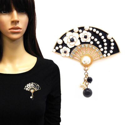 Flowers Pearls Deco Fan Brooch Pin