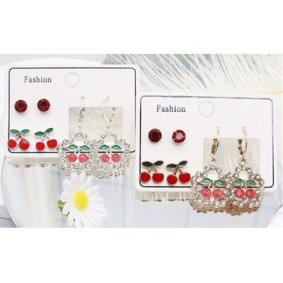 12pk Stud Dangle Set Cherry Rhinestone Earrings