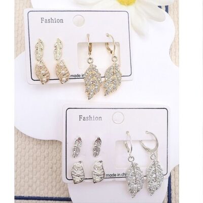 12pk Stud Dangle Set Leaf Rhinestone Earrings