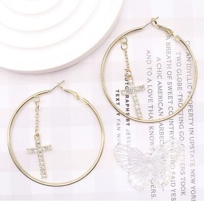 12pk Dangle Cross Inside Hoop Rhinestone Religious Earrings