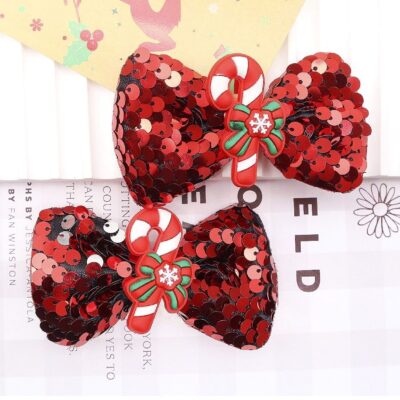 12pk Christmas Santa Snowman Sequin Hair Bow Barrettes