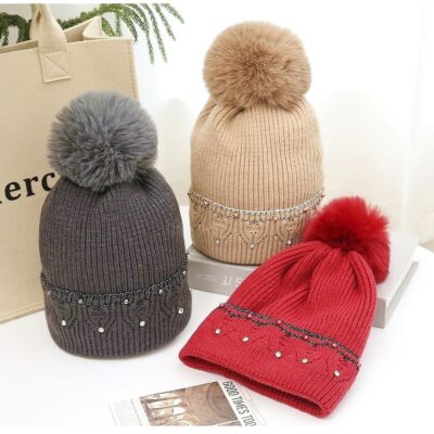 12pk Crystal Point Pompom Beanie Cozy Warm Fashion Hat