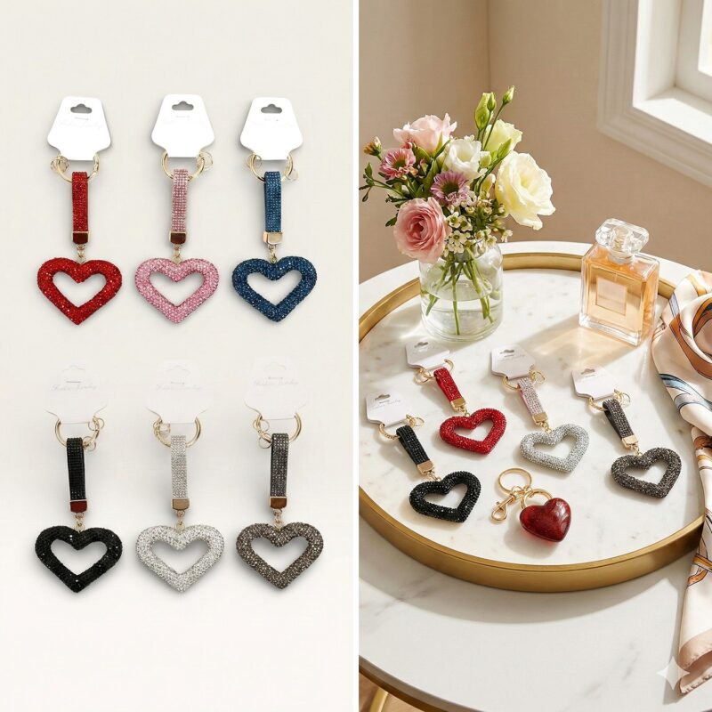 12pk Bling Rhinestone Heart Strap Key Chain Bag Charm