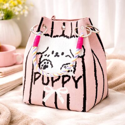 Puppy Bow Knit Bucket Bag with Wrist Strap