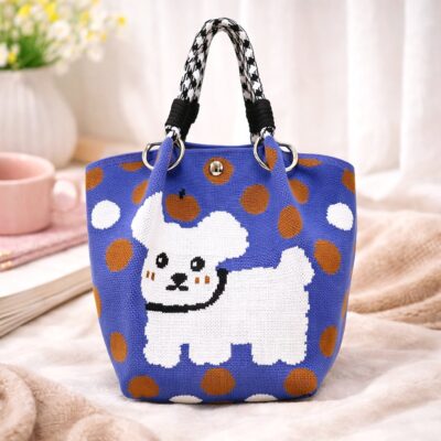 Polka Dot Puppy Knit Bucket Bag with Wrist Strap