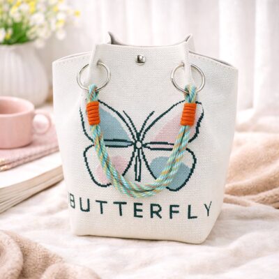 Butterfly White Knit Bucket Bag with Wrist Strap