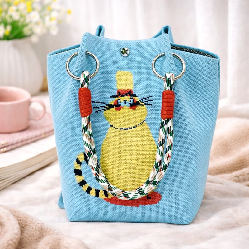 Turquoise Kitty Knit Bucket Bag with Wrist Strap